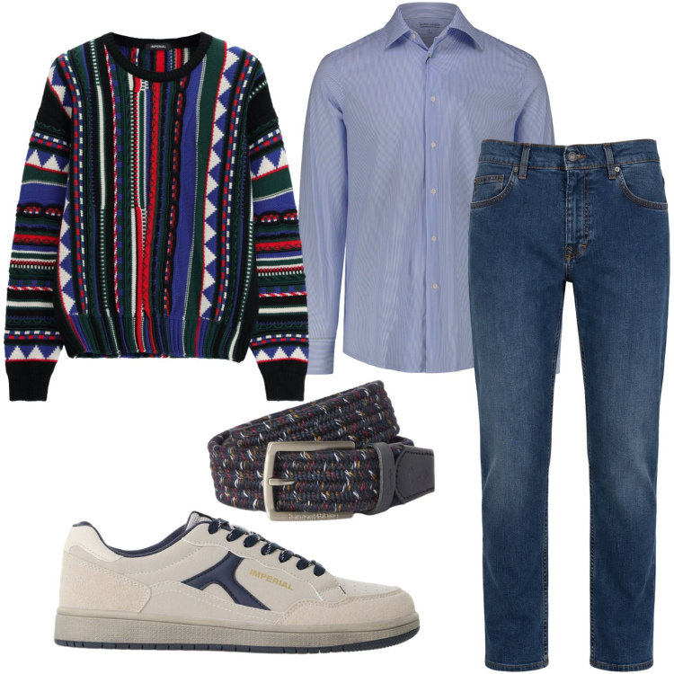 Outfit uomo - Pull multicolor. Stile Trendy per Tutti i giorni. Abbinamento con cinture, jeans, maglieria, sneakers, camicie.