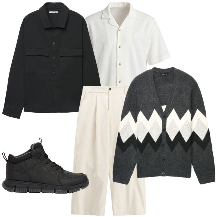 Outfit uomo - New look. Stile Casual per Tutti i giorni. Abbinamento con camicie a manica corta, pantaloni, camicie, cardigans, stivali e stivaletti.