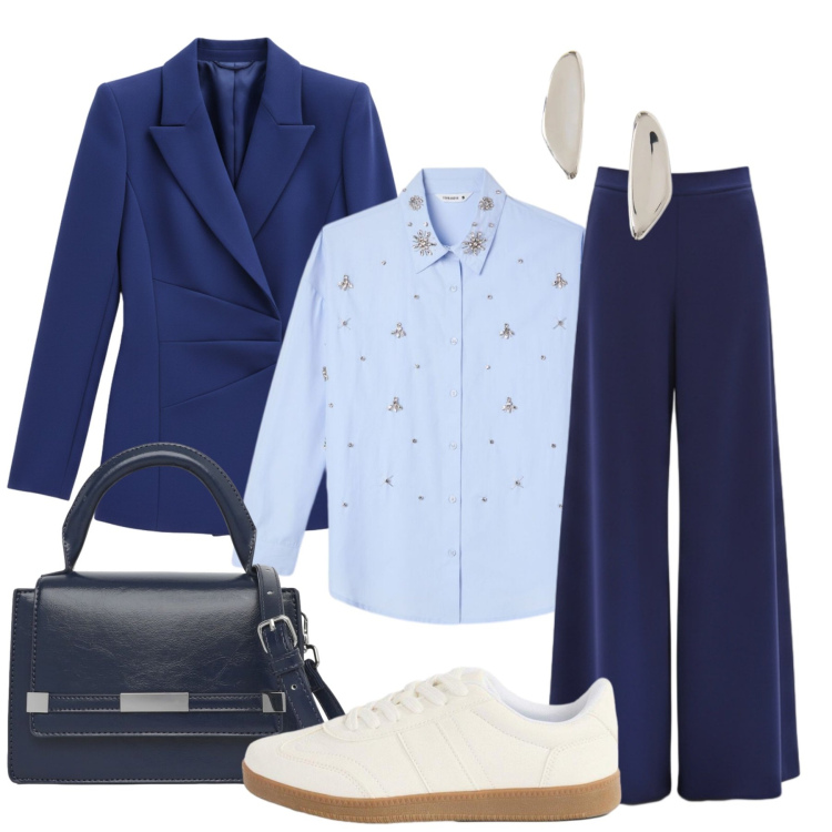 Outfit donna - Easy chic. Stile Chic per Tutti i giorni. Abbinamento con sneakers, camicie, borse a tracolla, blazer, pantaloni a palazzo, orecchini.