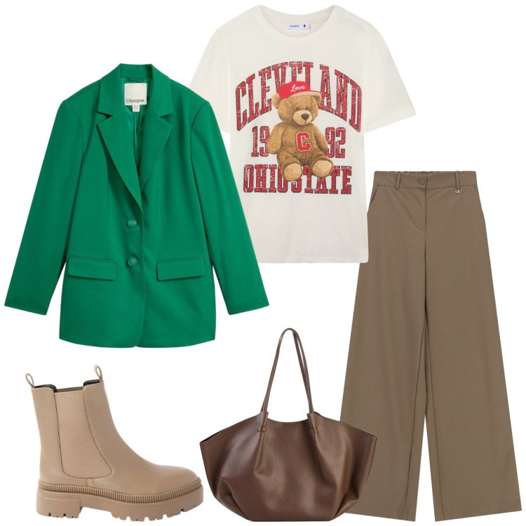 Outfit donna - Total look #2479533. Stile Casual chic per Tutti i giorni. Abbinamento con shopping bag, blazer, stivaletti, t-shirt, pantaloni a palazzo.