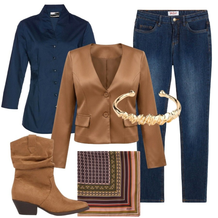 Outfit donna - Dettagli. Stile Sporty chic per Ufficio. Abbinamento con blazer, foulard, camicie, jeans skinny, braccialetti, stivaletti texani.