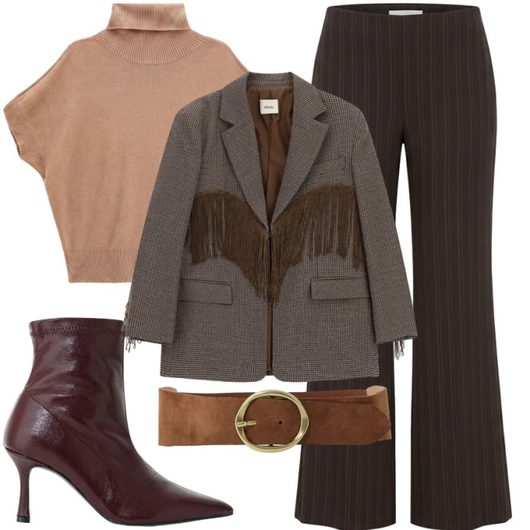 Outfit donna - Scelgo le frange. Stile Trendy per Ufficio. Abbinamento con pantaloni a palazzo, t-shirt, stivaletti, blazer, cinture.
