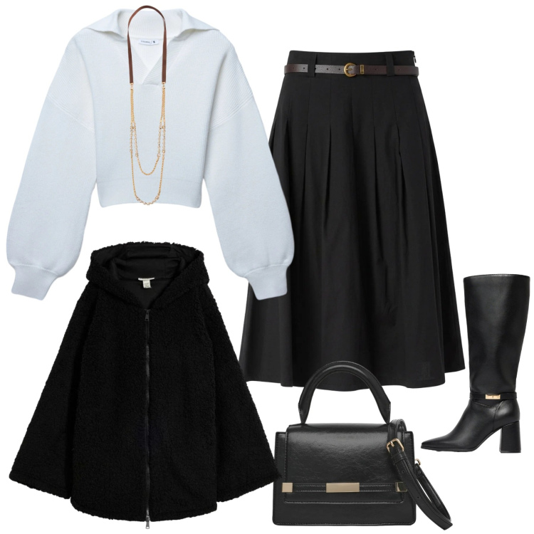 Outfit donna - Total look #2479540. Stile Glamour per Tutti i giorni. Abbinamento con stivali, blazer, maglieria, gonne longuette, borse a tracolla, collane.