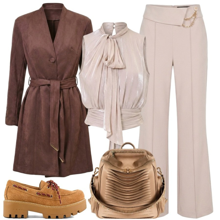 Outfit donna - Il mocassino trendy. Stile Sporty chic per Ufficio. Abbinamento con pantaloni, trench, top, zaini, mocassini.