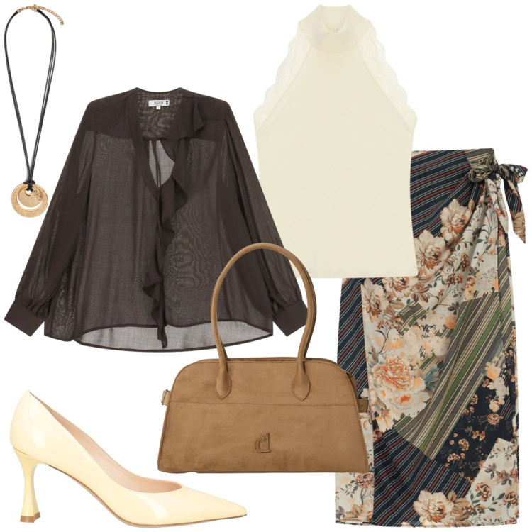 Outfit donna - Settembre ancora estivo. Stile Casual chic per Tutti i giorni. Abbinamento con ciondoli, gonne longuette, top, bluse, borse a spalla, décolleté.
