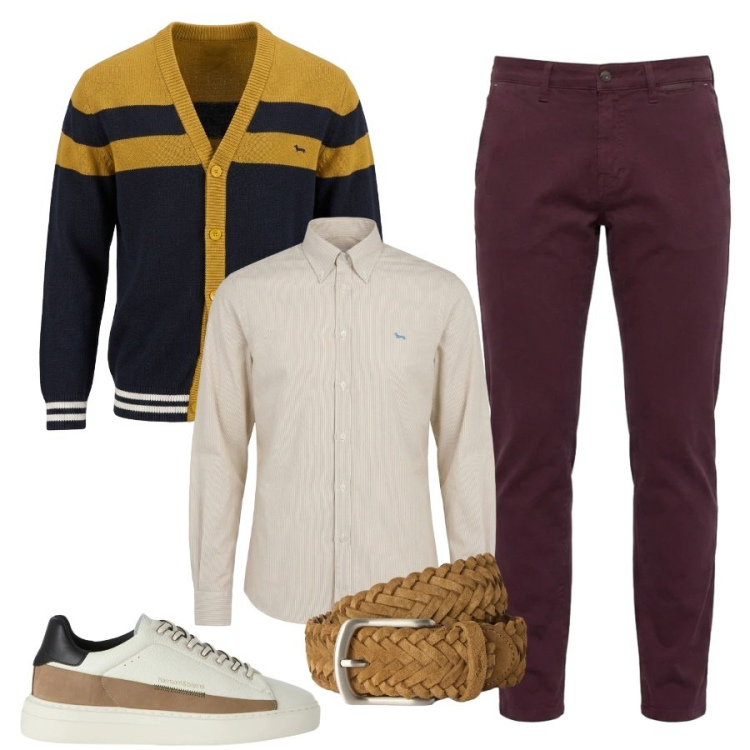 Outfit uomo - Un cardigan d'effetto. Stile Casual per Tutti i giorni. Abbinamento con cinture, sneakers, pantaloni, cardigans, camicie.