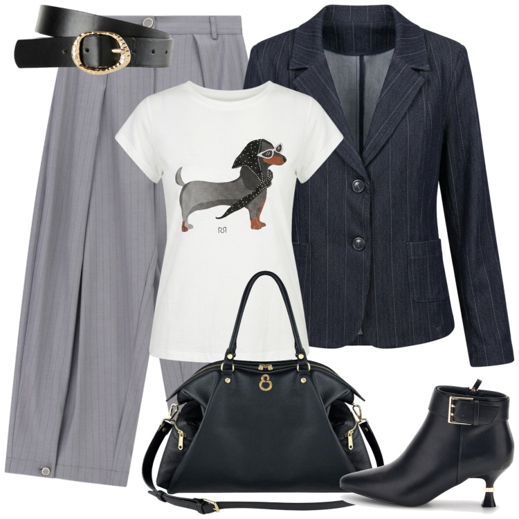 Outfit donna - Il blazer gessato e la t-shirt spiritosa. Stile Trendy per Serata fuori. Abbinamento con pantaloni a palazzo, shopping bag, t-shirt, blazer, stivaletti, cinture.