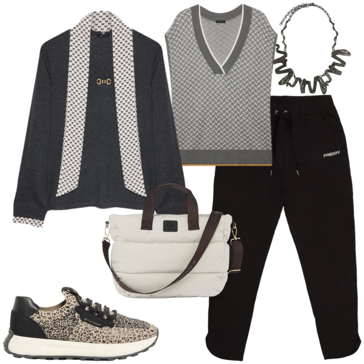 Outfit donna - Sporty. Stile Sporty chic per Tutti i giorni. Abbinamento con sneakers, maglieria, maglieria, ciondoli, pantaloni, borse tote.