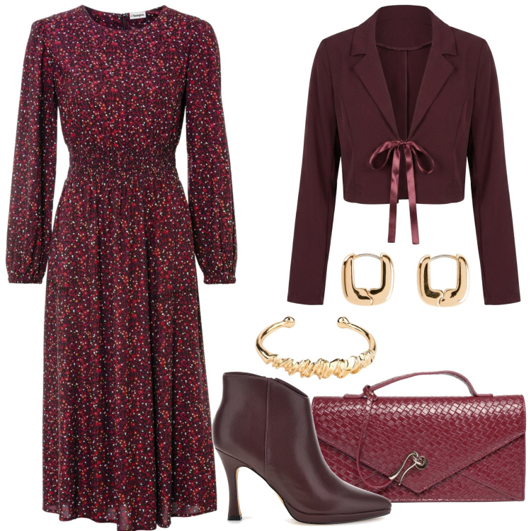 Outfit donna - Romantica in autunno. Stile Romantica per Ufficio. Abbinamento con blazer, clutch, vestiti midi/longuette, stivaletti, braccialetti, orecchini.