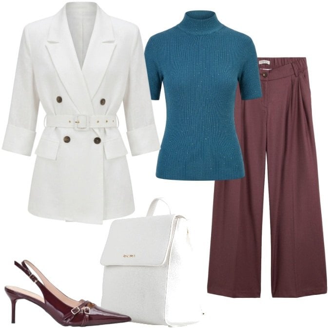 Outfit donna - Back to office Chic. Stile Chic per Ufficio. Abbinamento con zaini, pantaloni, blazer, décolleté, maglieria.