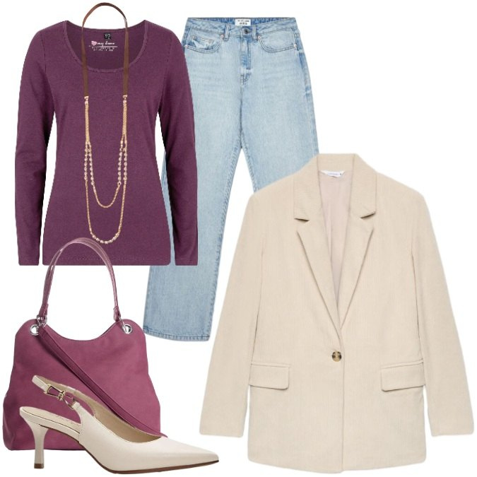 Outfit donna - Casual Chic d'Autunno. Stile Casual chic per Ufficio. Abbinamento con collane, jeans dritti, blazer, t-shirt sportive, décolleté, borse a mano.