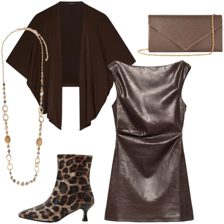 Outfit donna - Serata in Brown. Stile Sexy per Serata fuori. Abbinamento con blazer, collane, clutch, vestiti a tubino, stivaletti.