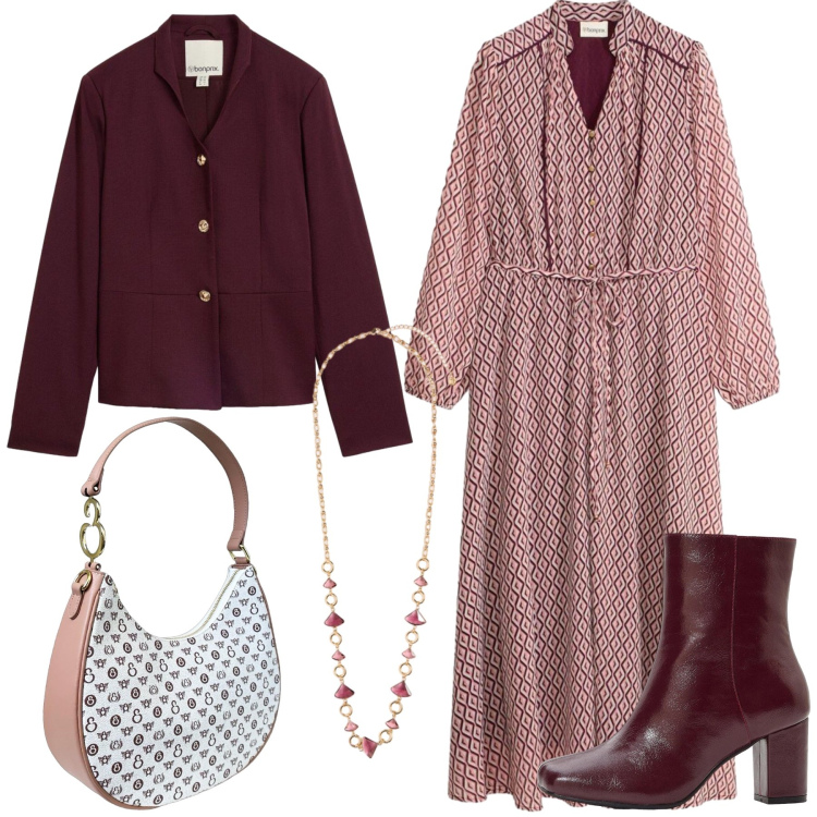 Outfit donna - Tempo libero in città. Stile Casual chic per Tutti i giorni. Abbinamento con collane, borse a spalla, vestiti, stivaletti, blazer.