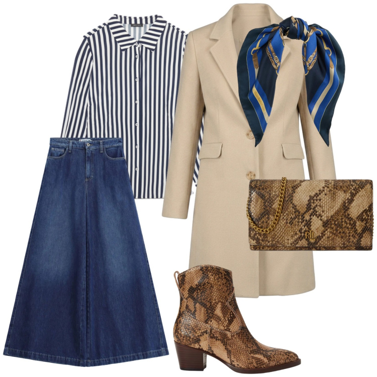 Outfit donna - Eleganza in denim. per Scuola/Università. Abbinamento con camicie, foulard, borse a tracolla, stivaletti, jeans, cappotti.