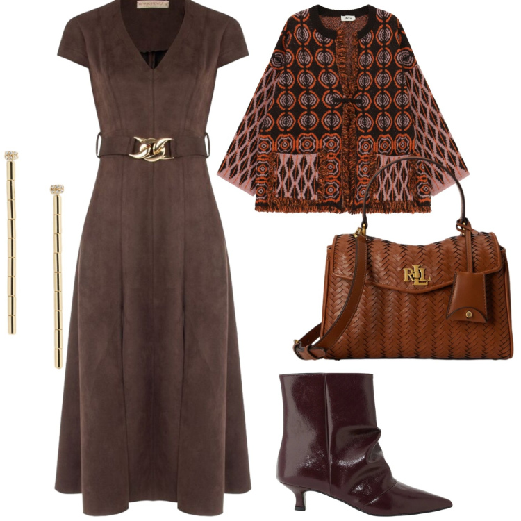 Outfit donna - Il vestito marrone. per Ufficio. Abbinamento con orecchini, borse a mano, vestiti midi/longuette, stivaletti, cardigans.