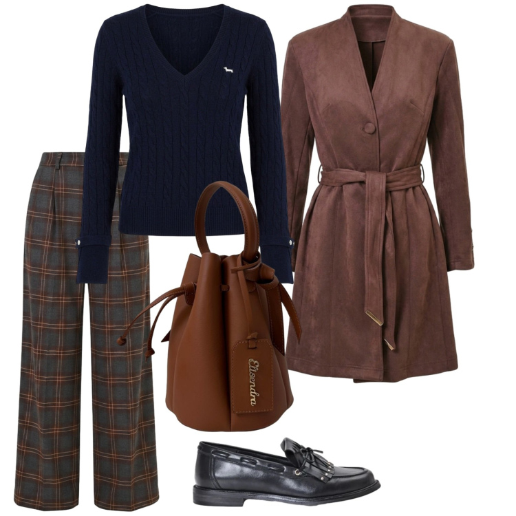Outfit donna - Trench. per Tutti i giorni. Abbinamento con pantaloni a palazzo, mocassini, trench, maglieria, borse a secchiello.