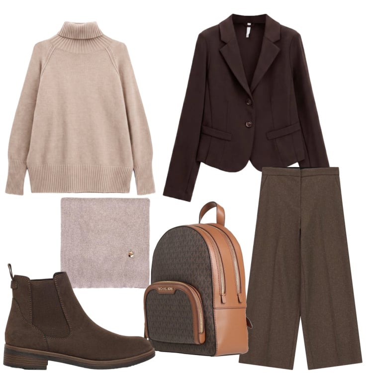 Outfit donna - Viaggiare in autunno. Stile Minimal per Tutti i giorni. Abbinamento con zaini, stivaletti, sciarpe, blazer, pullovers, pantaloni a palazzo.