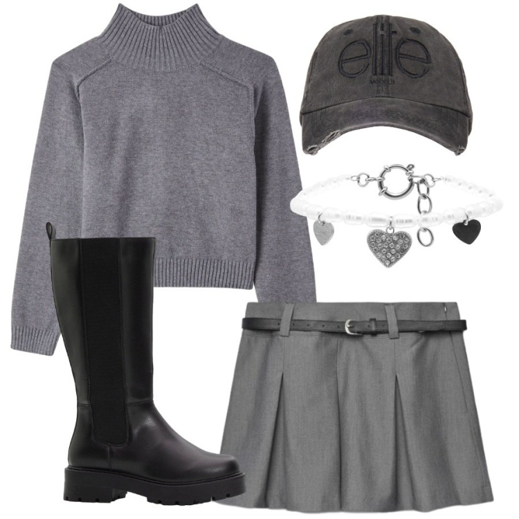 Outfit donna - Serata di festa. Stile Casual chic per Serata fuori. Abbinamento con braccialetti, cappelli, maglieria, minigonne, stivali.
