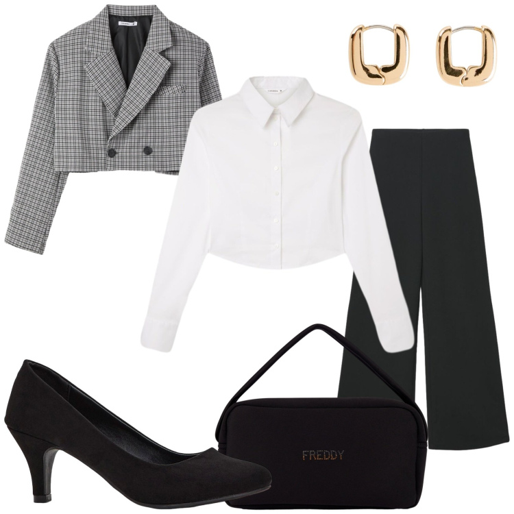 Outfit donna - Serata seria. Stile Glamour per Serata fuori. Abbinamento con borse a mano, camicie, blazer, pantaloni a palazzo, décolleté, orecchini.