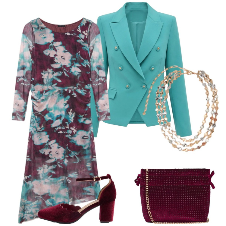 Outfit donna - L'abito fiorato. Stile Basic per Serata fuori. Abbinamento con collane, vestiti lunghi, blazer, borse a tracolla, décolleté.
