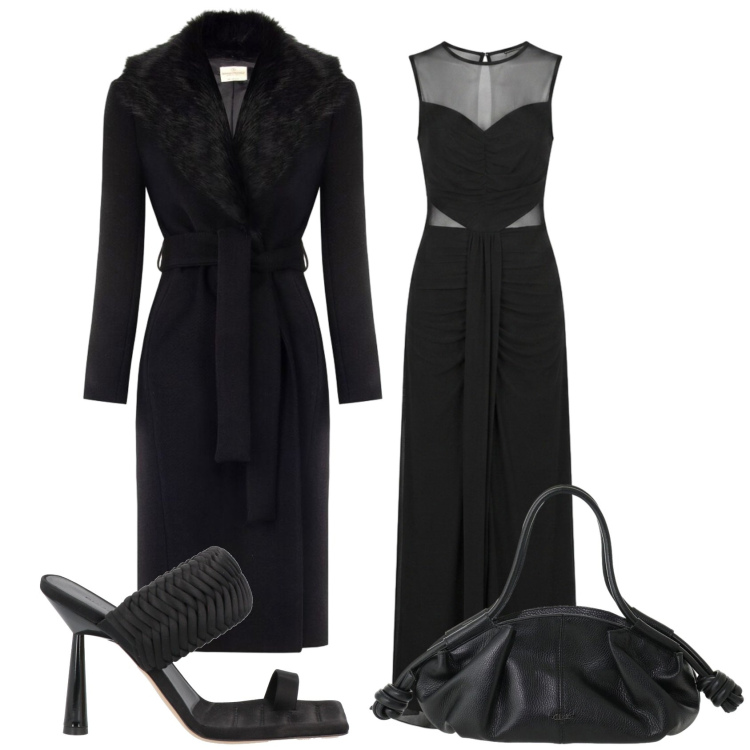 Outfit donna - Serata chic. Stile Glamour per Serata fuori. Abbinamento con vestiti lunghi, cappotti, borse a mano, ciabatte.