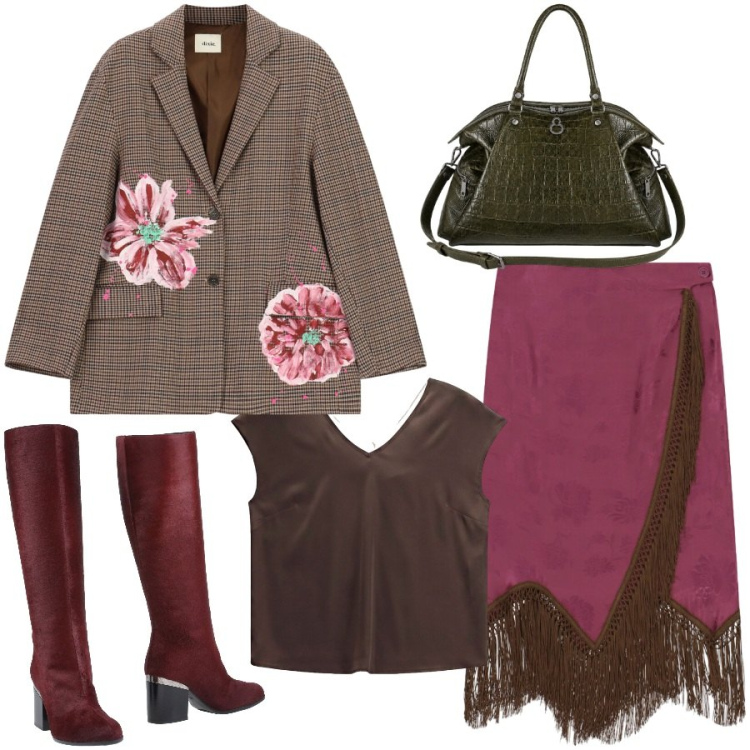 Outfit donna - New boho. Stile Boho per Serata fuori. Abbinamento con stivali, t-shirt, gonne longuette, blazer, shopping bag.