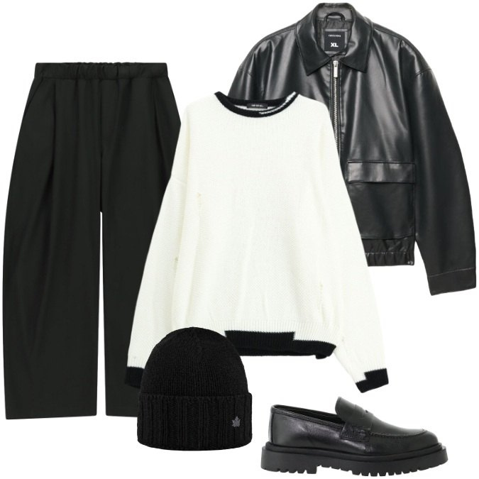Outfit uomo - Streetwear Minimale Black & White. Stile Urban per Tutti i giorni. Abbinamento con scarpe stringate, maglieria, pantaloni, cappelli, giacche.