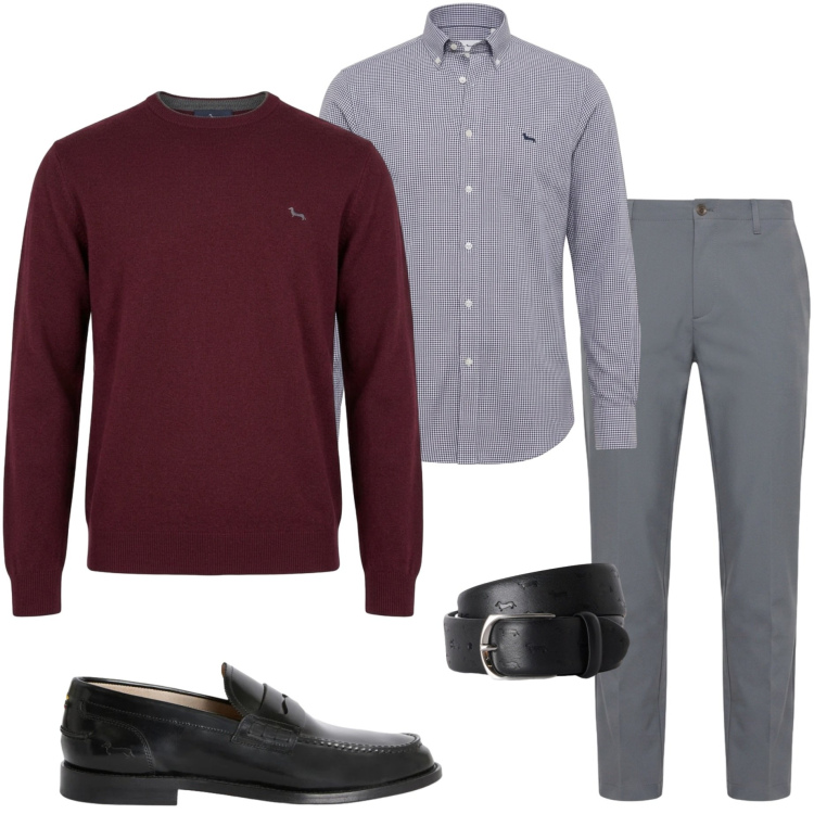 Outfit uomo - In ufficio. Stile Business/Elegante per Ufficio. Abbinamento con cinture, pantaloni, maglieria, camicie, scarpe stringate.