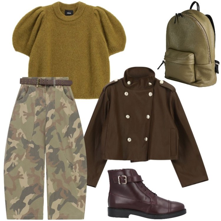 Outfit donna - Militare chic. Stile Military per Tutti i giorni. Abbinamento con stivaletti, zaini, pantaloni a palazzo, blazer, pullovers.