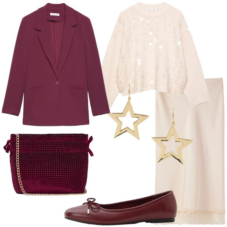 Outfit donna - Maglieria Leggera e Gonne Midi. Stile Romantica per Serata fuori. Abbinamento con orecchini, maglieria, gonne longuette, blazer, borse a tracolla, ballerine.