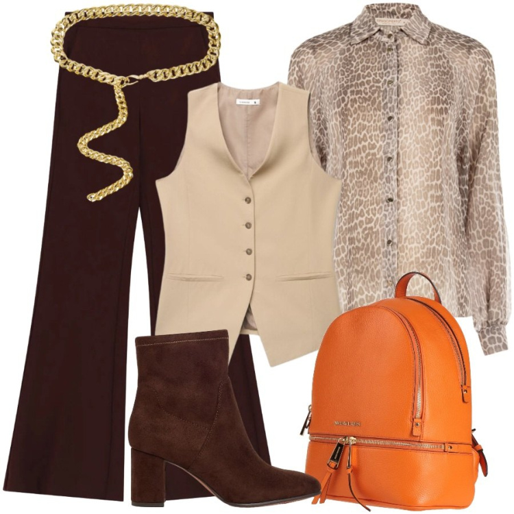 Outfit donna - Con il gilet. Stile Sporty chic per Ufficio. Abbinamento con cinture, pantaloni, camicie, zaini, gilet, stivaletti.
