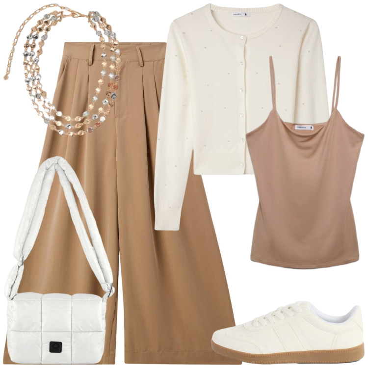 Outfit donna - Le Sneakers. Stile Casual chic per Tutti i giorni. Abbinamento con collane, borse a spalla, cardigans, pantaloni, canottiere, sneakers.