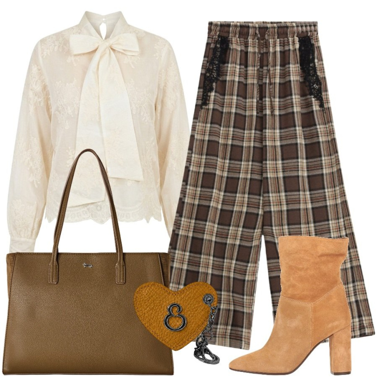 Outfit donna - Fiocco e quadri. Stile Sporty chic per Ufficio. Abbinamento con shopping bag, portachiavi, pantaloni a palazzo, bluse, stivaletti.