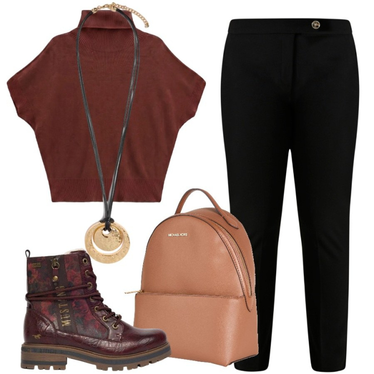 Outfit donna - Gli anfibi di tendenza. Stile Casual per Ufficio. Abbinamento con ciondoli, pullovers, pantaloni skinny, zaini, stivaletti.