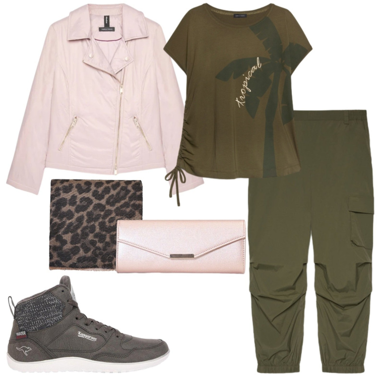 Outfit donna - Giacca in pelle. Stile Casual per Tutti i giorni. Abbinamento con sneakers alte, clutch, sciarpe, pantaloni cargo, t-shirt, piumini.