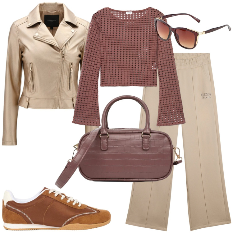 Outfit donna - Casual in ufficio. Stile Casual per Ufficio. Abbinamento con occhiali da sole, sneakers, maglieria, borse a tracolla, giacche, pantaloni.