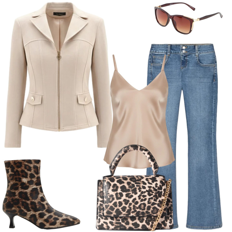 Outfit donna - Total look #2479639. Stile Chic per Ufficio. Abbinamento con stivaletti, occhiali da sole, borse a tracolla, jeans a zampa, top, blazer.