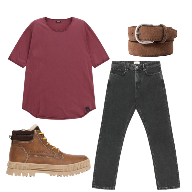 Outfit uomo - Total look #2479646. Stile Urban per Tutti i giorni. Abbinamento con t-shirt, cinture, jeans dritti, stivali e stivaletti.