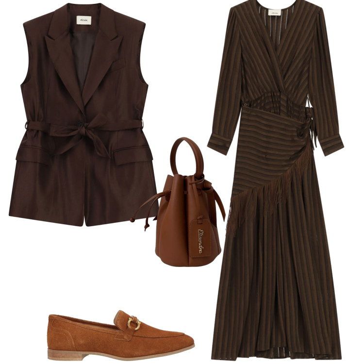 Outfit donna - Chic ufficio tempo libero. Stile Chic per Ufficio. Abbinamento con borse a secchiello, vestiti lunghi, gilet, mocassini.