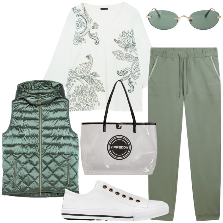 Outfit donna - Sporty. Stile Casual per Scuola/Università. Abbinamento con sneakers, occhiali da sole, t-shirt, piumini, pantaloni, shopping bag.