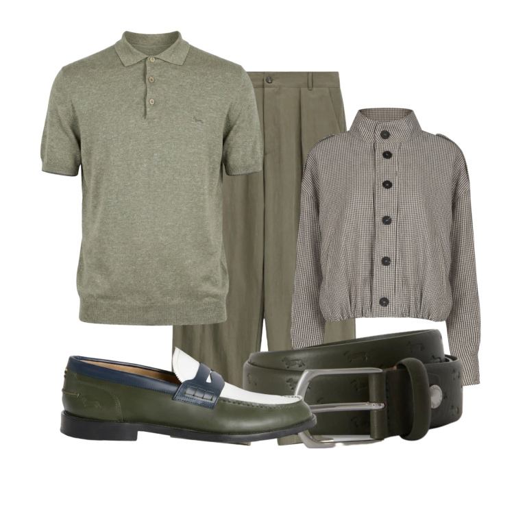 Outfit uomo - Total look salvia. Stile Trendy per Tutti i giorni. Abbinamento con cinture, polo, scarpe stringate, pantaloni, blazer.
