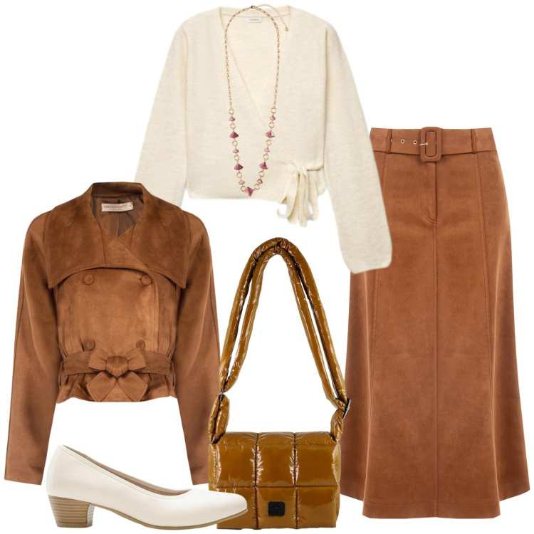 Outfit donna - Elegante e sportiva. Stile Casual chic per Ufficio. Abbinamento con collane, borse a spalla, giacche, gonne longuette, cardigans, décolleté.