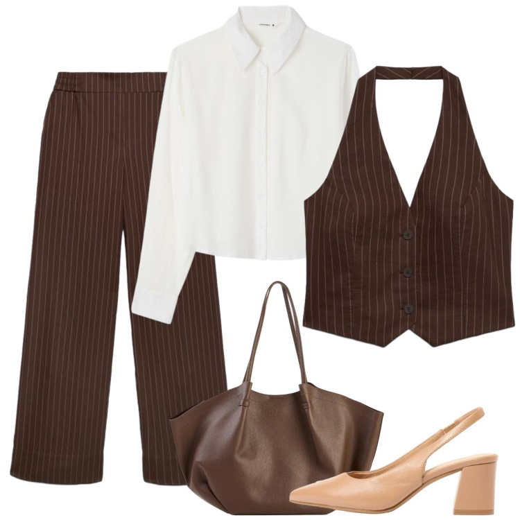 Outfit donna - In ufficio. Stile Basic per Tutti i giorni. Abbinamento con décolleté, shopping bag, pantaloni, gilet, camicie.