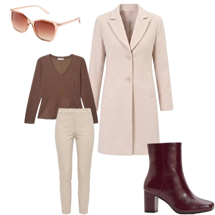 Outfit donna - Bon ton. Stile Casual chic per Tutti i giorni. Abbinamento con cappotti, pantaloni skinny, t-shirt, occhiali da sole, stivaletti.