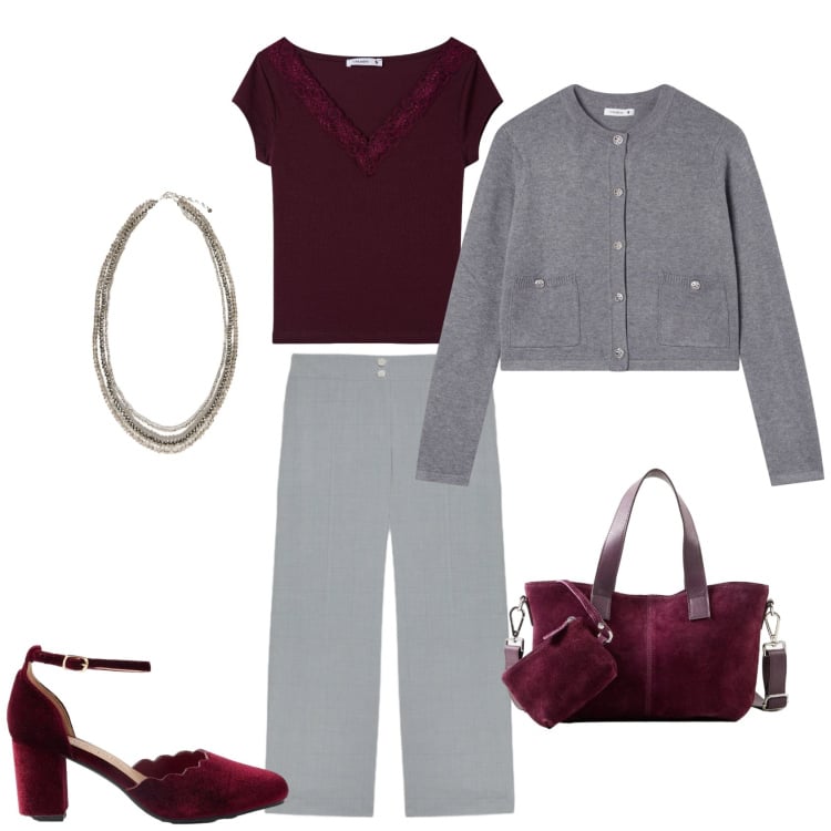 Outfit donna - Prime nebbie mattutine. Stile Casual chic per Tutti i giorni. Abbinamento con collane, pantaloni, cardigans, t-shirt, décolleté, borse a mano.