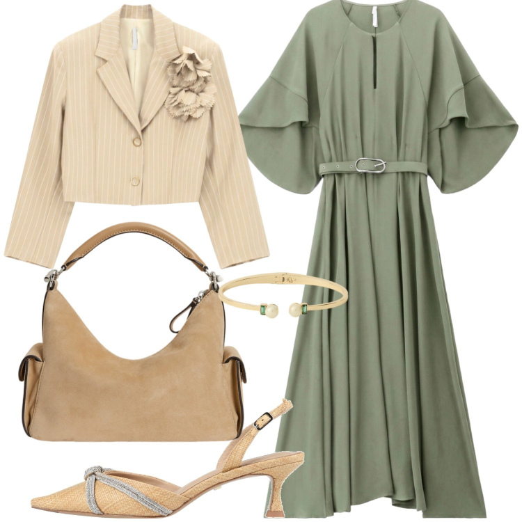 Outfit donna - In equilibrio. Stile Chic per Serata fuori. Abbinamento con vestiti lunghi, blazer, borse a spalla, braccialetti, décolleté.