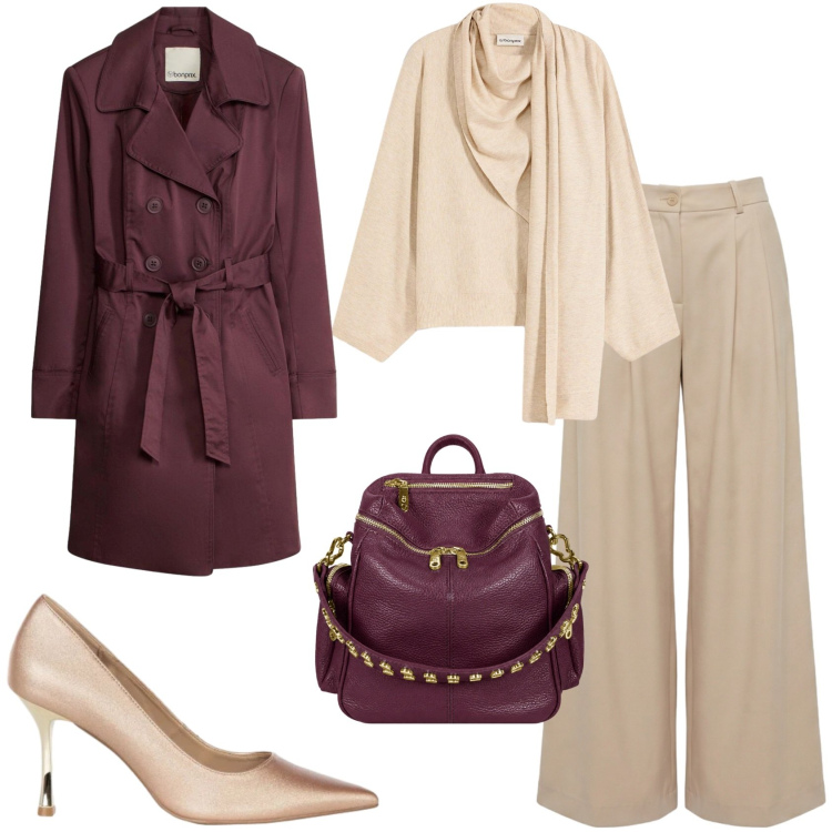 Outfit donna - Trench leggero e toni caldi. Stile Casual chic per Tutti i giorni. Abbinamento con pantaloni, zaini, décolleté, maglieria, trench.