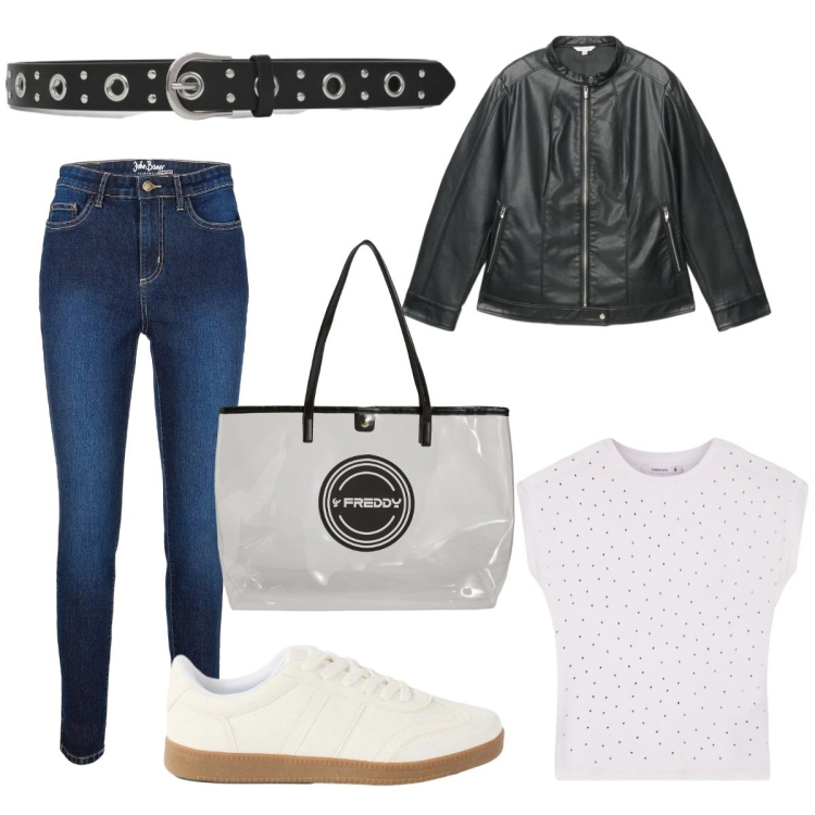 Outfit donna - Total look #2479677. Stile Minimal per Tutti i giorni. look ideale per Tall. Abbinamento con jeans skinny, sneakers, t-shirt, cinture, blazer, shopping bag.