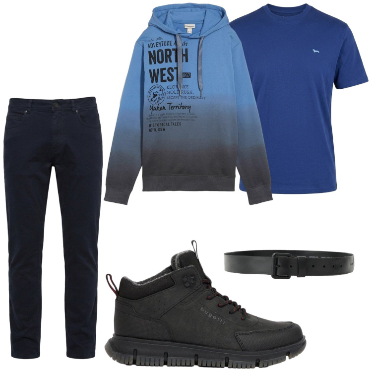 Outfit uomo - Easy style. Stile Casual per Tutti i giorni. Abbinamento con pantaloni, t-shirt, cinture, felpe con cappuccio, stivali e stivaletti.
