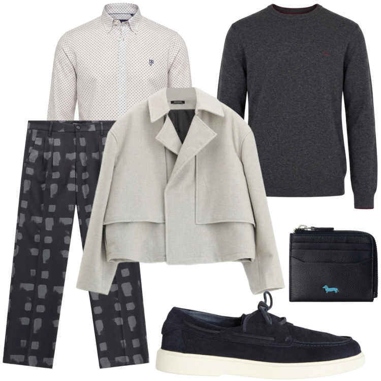 Outfit uomo - Weekend elegante. Stile Casual per Tutti i giorni. Abbinamento con camicie, maglieria, portafogli, scarpe stringate, pantaloni, giacche.